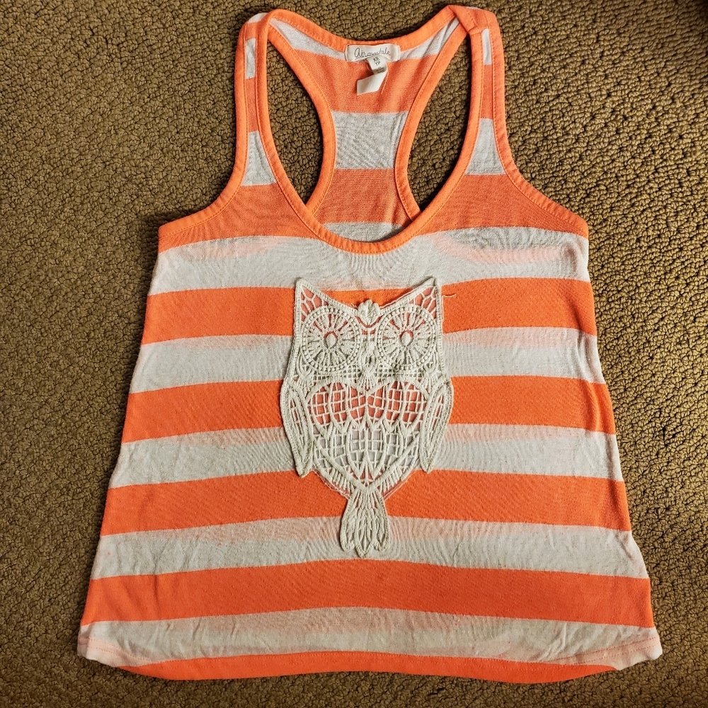 Neon Coral striped racerback tank w crochet owl 🦉
